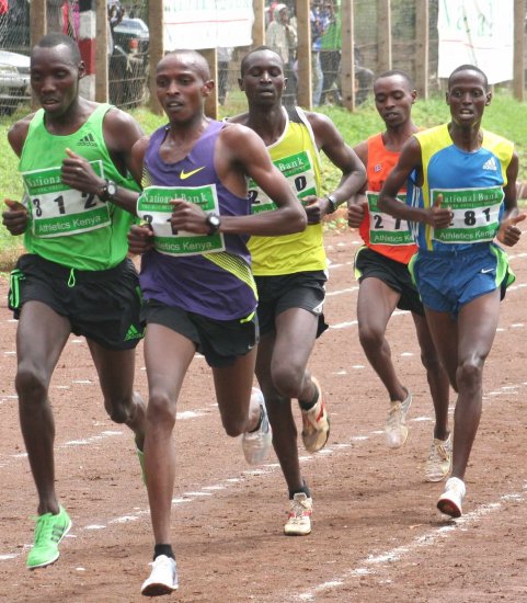Richard Matelong(in Green) and Samuel Mutai(in Purple) during the 5000m race of the AK/NBK weekend meet in Nakuru.(Photo:Courtesy)