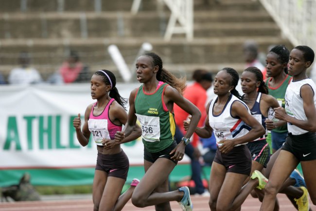 Faith Kipyegon(left) leads the women's 1500m during the Kenyan trials. She won the Commonwealth Games title.