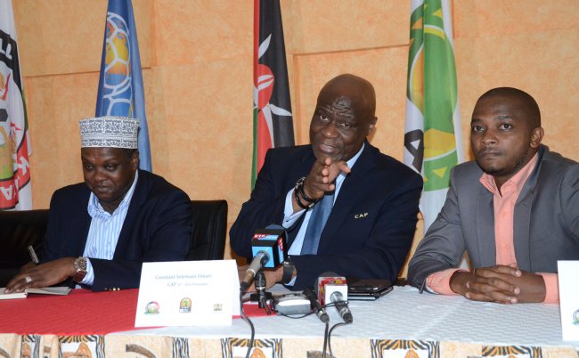 CAF vice president Constant Omari addresses the press after a joint meeting with FKF and government officials. CAF has suggested radical changes to be discussed during a symposium in  Morocco.